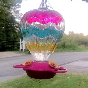 Hand-painted glass hummingbird feeder pink yellow